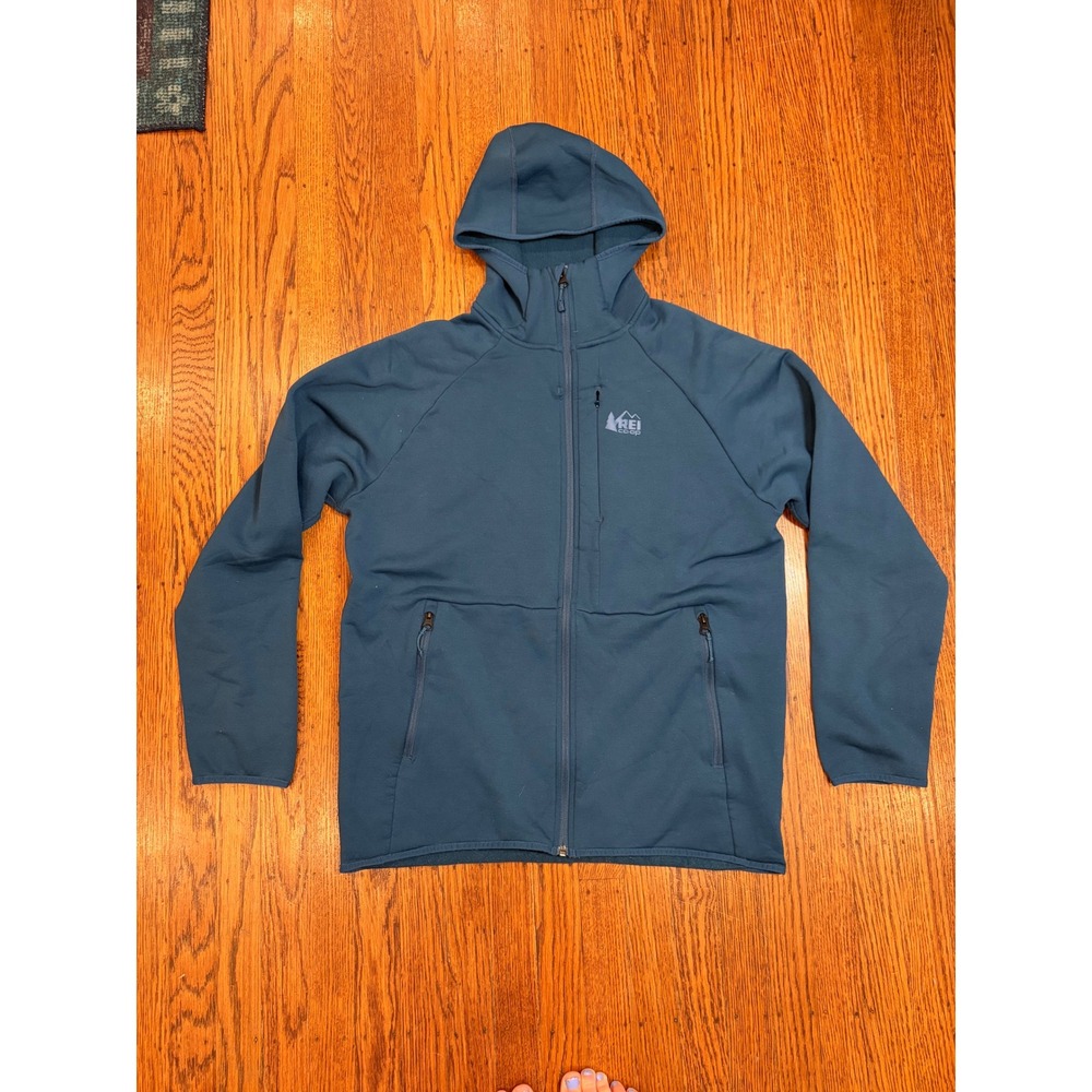 REI Co-op Mens Polartec Power Stretch Full Zip Hoodie Blue Large Hiking Jacket